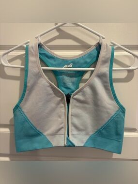 Avia Front Zip Racerback Sports Bra XL Blue White Ribbed